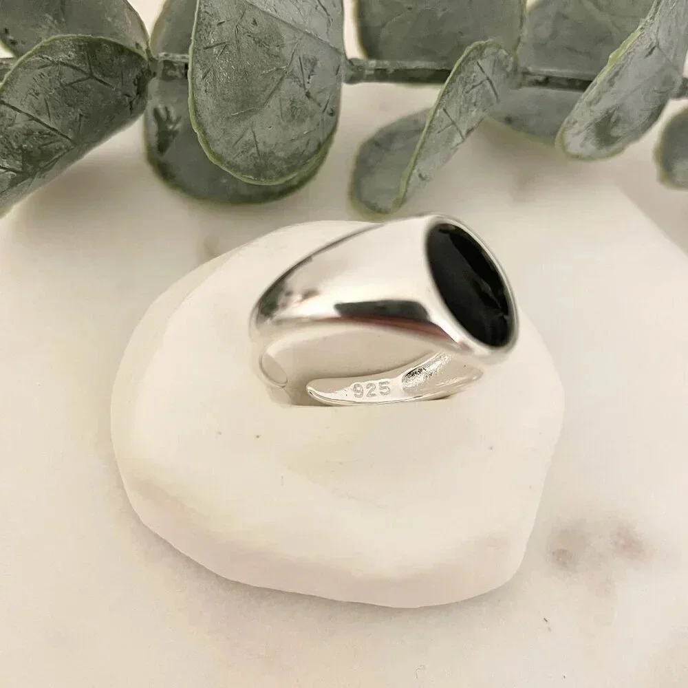 925 Sterling Silver Black Circle Ring Chunky Ring Oval Ring Thick Ring